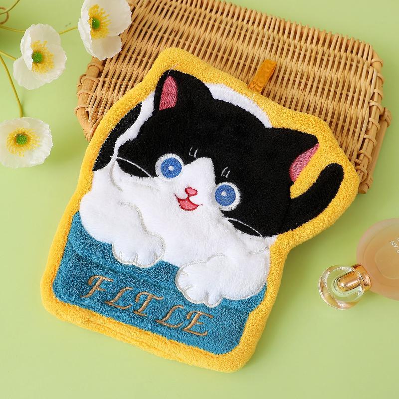 Cartoon Coral Velvet Hand Towel For Kitchen Kawaii Cat Hand Wipe Cleaning Cloth Bathroom Hanging Towel Absorbent Clean Rag