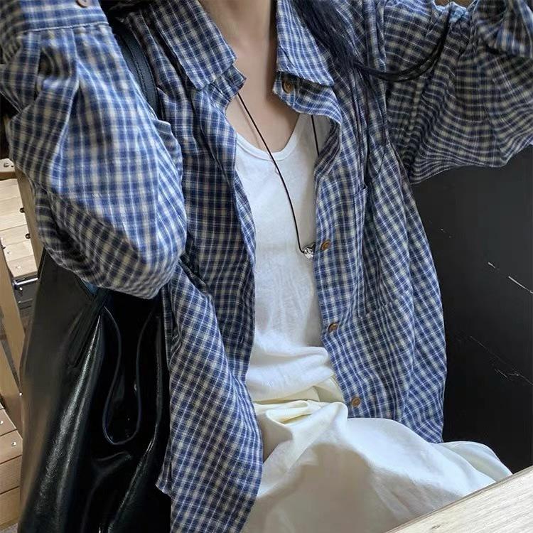 Blue Retro Plaid Lapel Shirt Top Women's Spring and Autumn Loose and Thin Casual Lazy Style Plaid Lining Jacket