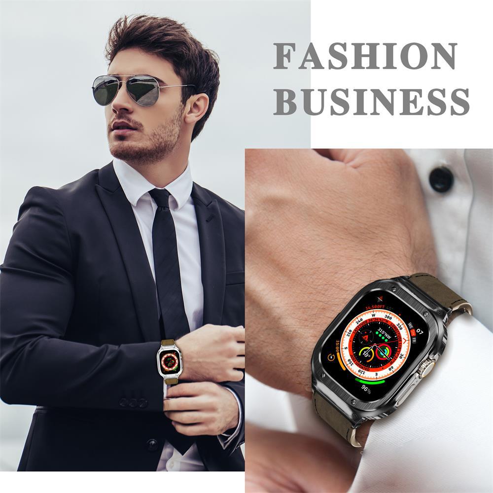 Metal Case+Genuine Leather Strap For Apple Watch Band 44mm 45mm 49mm 40mm 41mm 45 mm bracelet iwatch series se 8 7 6 5 4 ultra 2