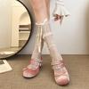 Retro ballet style thick heel light mouth single shoes women's 2025 new spring and autumn with skirt bow Mary Jane high heels