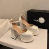 Zapatos de Tacón Alto Grueso Negros Que No Cansarán Tus Pies, Plataforma de Satén Impermeable Retro Mary Jane para Mujer