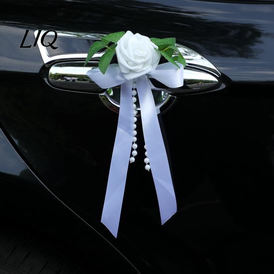 Realistic Artificial Car Flowers White Rose Wedding Decoration, Door Handle & Rearview Mirror Flower Bouquet Fairy Tale Decor with Satin Ribbon