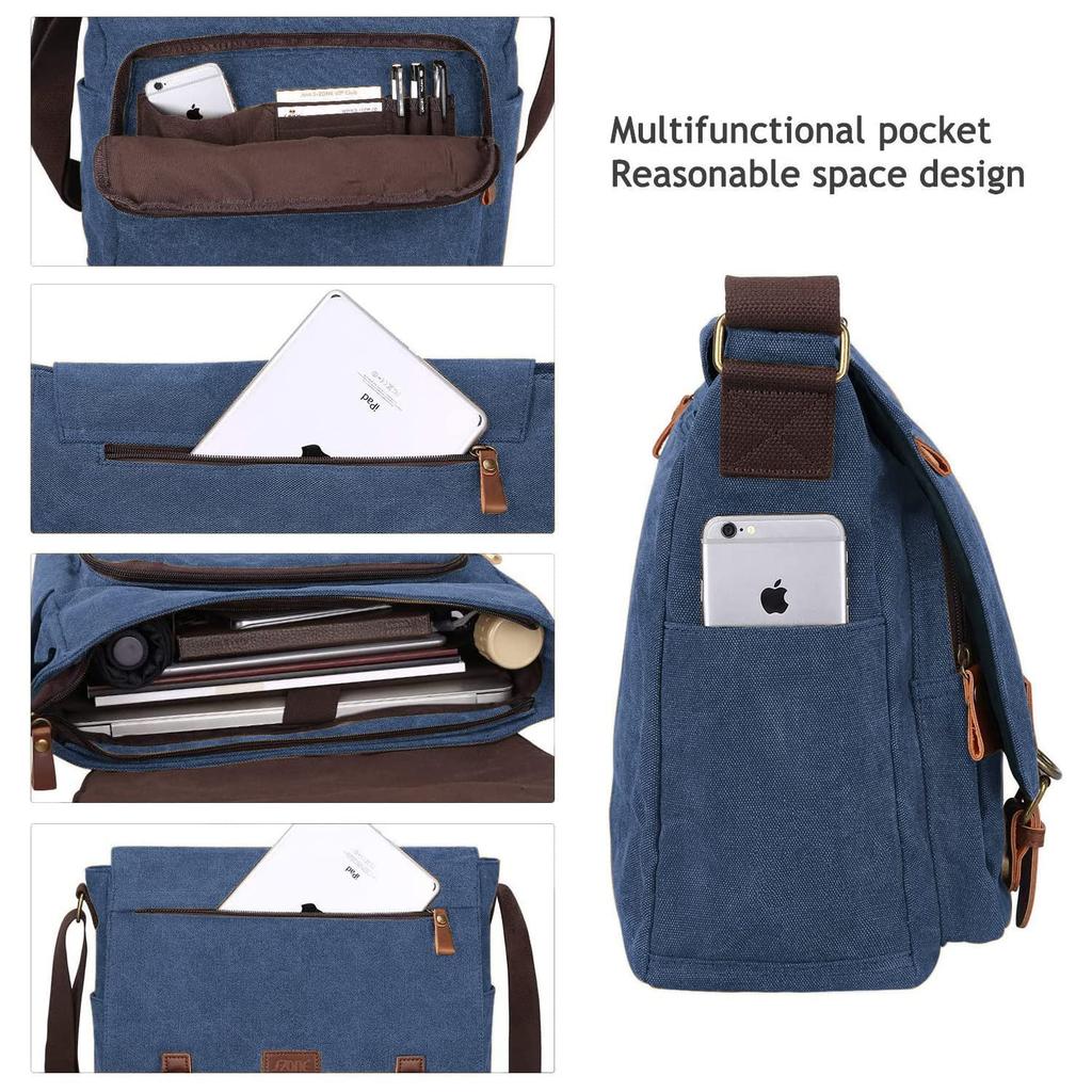 Canvas Umhängetasche Passt Groß Perfekt für und Schule [S-ZONE] Herren Tasche, 15,6-Zoll Bildschirme, Kapazität, Multifunktional, Pendeln, Reisen,