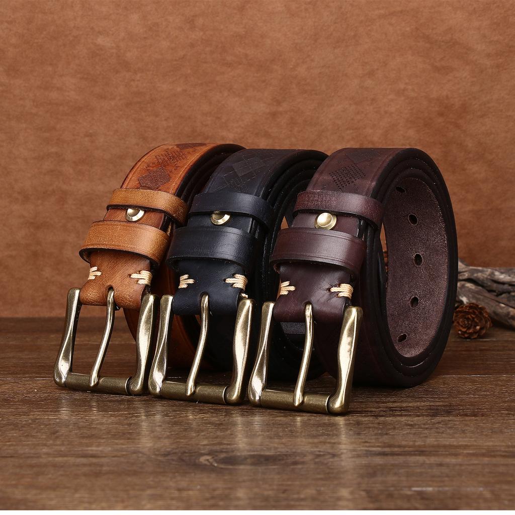 3.8CM Wide and Thick Fashionable Laser Engraved Belt for Men, Made of Aged Pure Cowhide Leather Belt