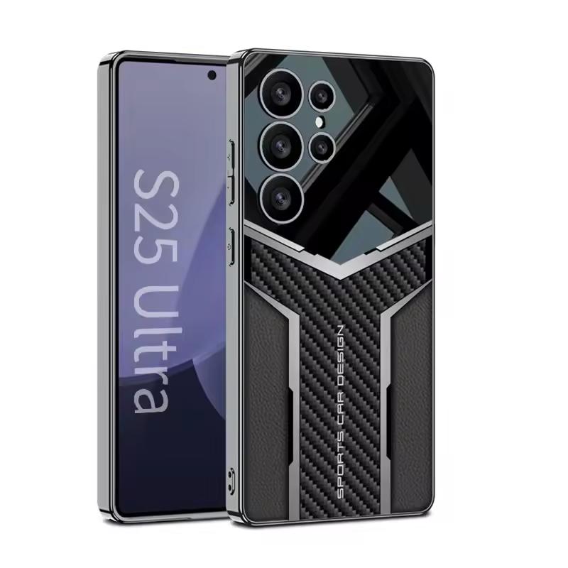 Electroplated Leather Business Shockproof Case for Samsung S25 S24 S23 Ultra Luxury Carbon Fiber Leather Stitching Phone Cover