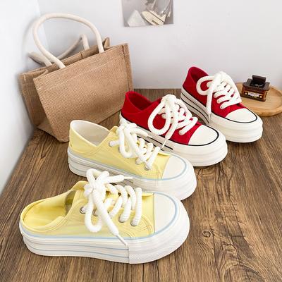 HY-1259 Red Two Wear Platform Canvas Shoes Women's Hong Kong Style Retro Versatile New Lazy New Board Shoes