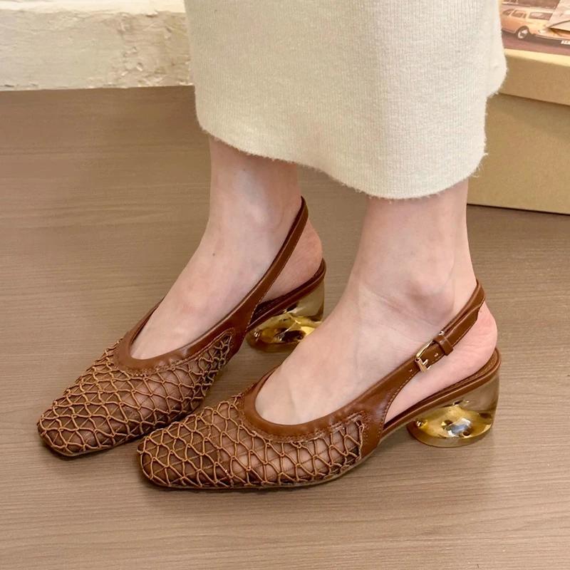 Fashion Mesh Mid Heels Sandals Elegant Square Toe Women Shoes 2025 New Summer Elegant Pumps Slippers Fashion Slip on Heeled Sandales