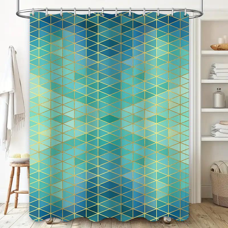 Modern Geometric Bathroom Shower Curtain Set For Home Decor Blue And Gold Colorful Pattern Waterproof Fabric (180X180Cm)