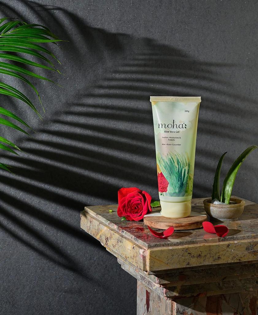 Moha Aloe Vera Gel 100 gm X Pack of 2 for Face, Skin & Hair | Hydrating, Soothing, Lightweight Organic Gel with Rose & Cucumber