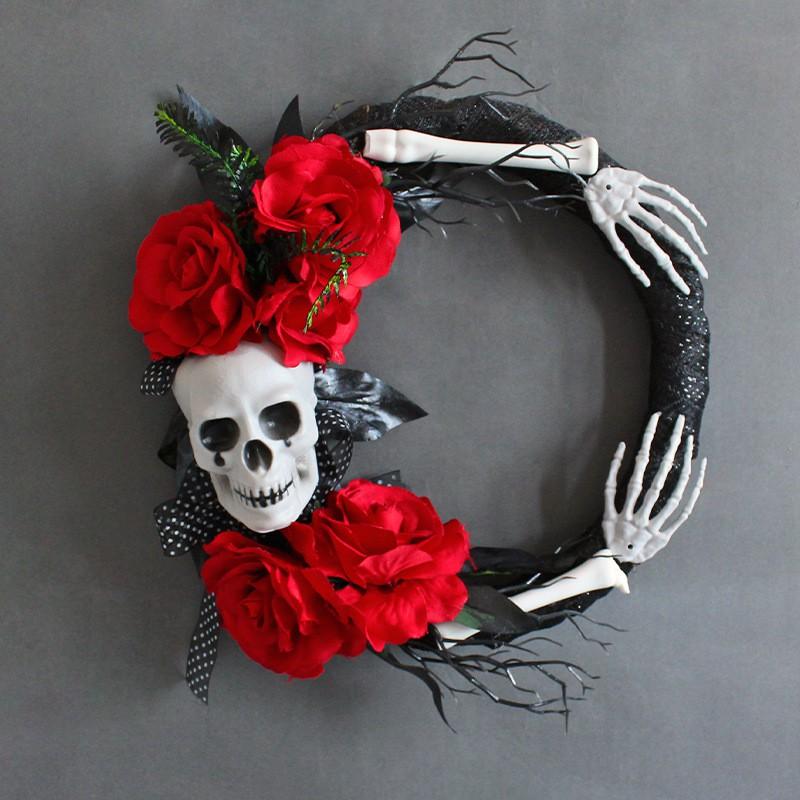 Halloween Skull Rose Wreath Spooky Party Door Hanger Horror Venue Decoration
