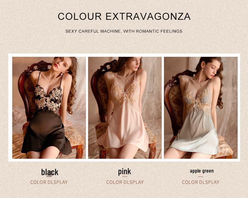 Meishilan Eis Seide Spitze Träger Nachthemd mit Brustpolster - Verspielte Herbst Nachtwäsche Damen 168