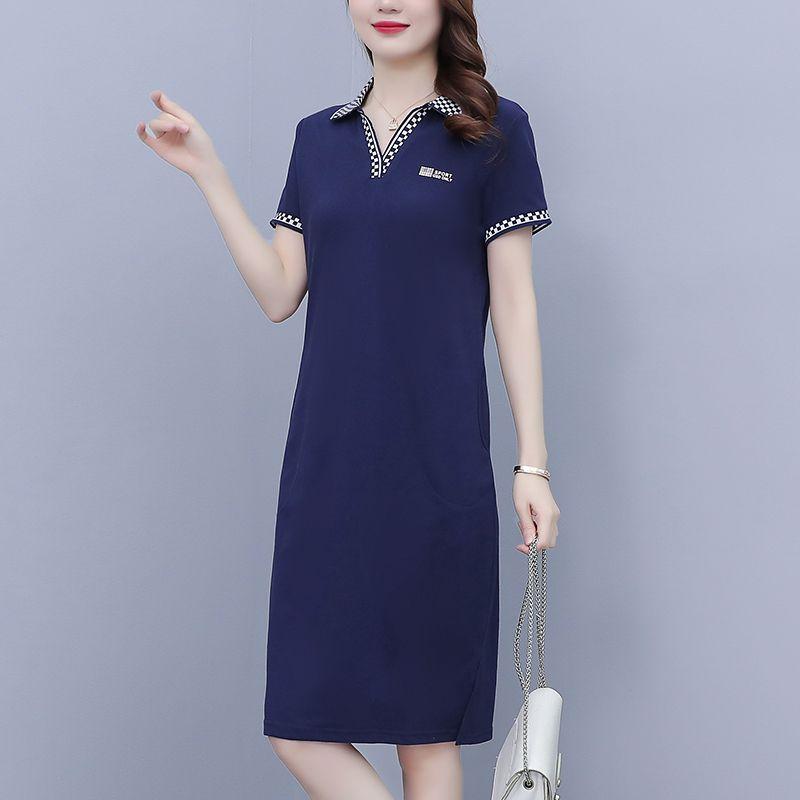Summer Dress for Women V-Neck Short Sleeve Midi Dress with Elegant Collar and Loose Fit