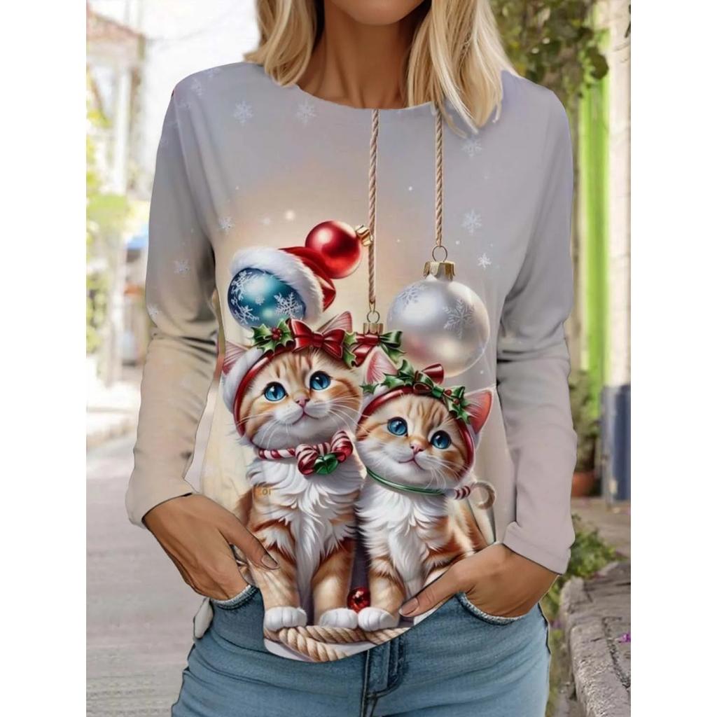 Autumn and Winter Round Neck 3D Christmas Cute Dog Printed Top Fashionable Casual Long Sleeved Women's T-shirts