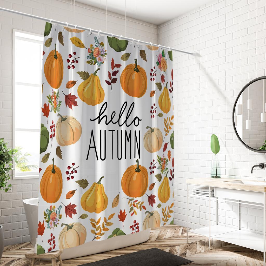 1 Piece 180x180cm Hello Autumn Pumpkin Pattern Printed Shower Curtain Partition Bathroom Waterproof and Mold Proof