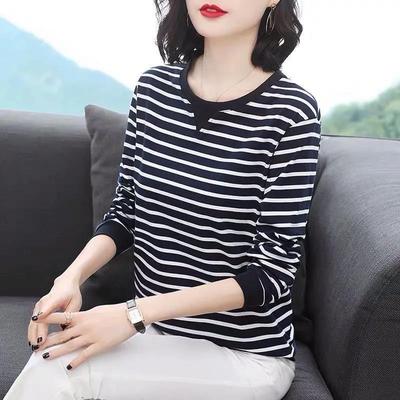 T-Shirt aus reiner Baumwolle für Damen, langärmelig, Herbst, Altersreduzierung, mittleres Alter, Mutter, Übergröße, gestreift, lockere Damenoberteile