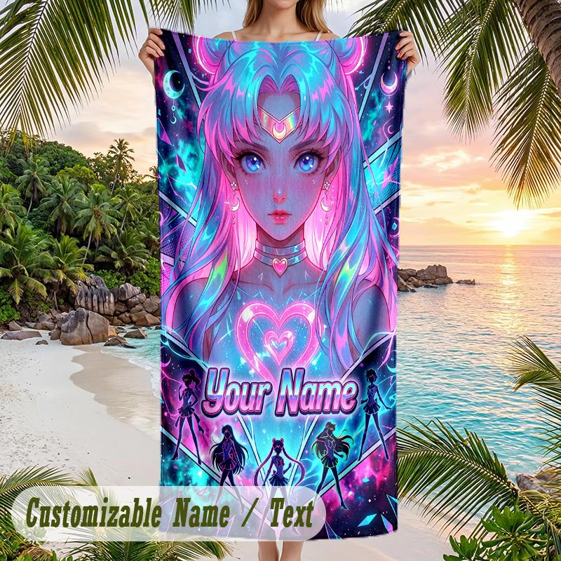 Sailor Moon Beach Towel, Personalized Custom Name Text, Quick Dry Large Absorbent Towel For Beach Pool