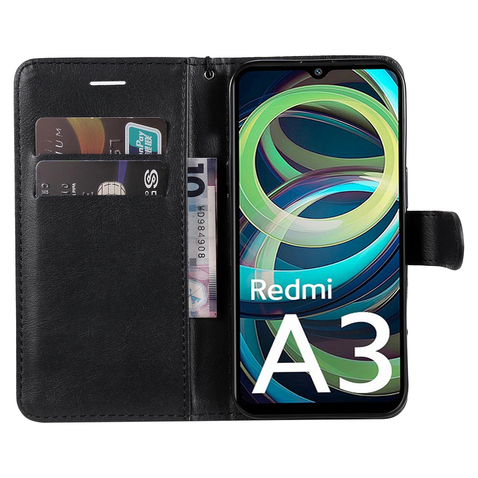 

For Xiaomi Redmi A3 4G 4G/Poco C61 4G Case Solid Color Leather Mobile Cover Wallet Stand with Strap Black