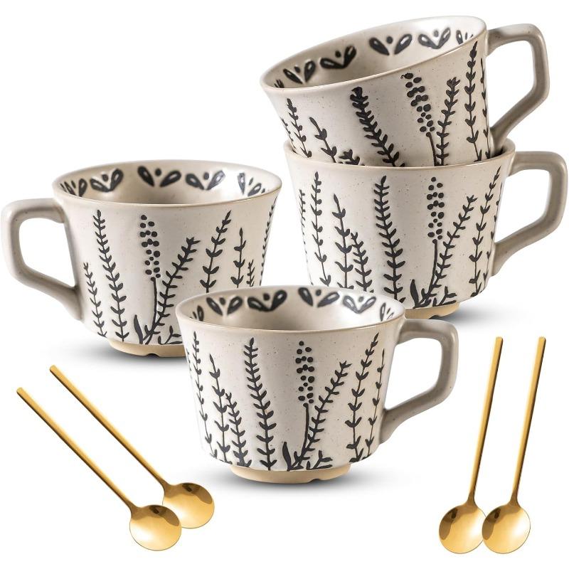 

Ceramic Mugs Unique Luxurious Cups Set of 4 with Spoon,Mug for Coffee Milk Latte Cappuccino Tea for Office Home Dishwasher Microwave Freezer Safe,Gift