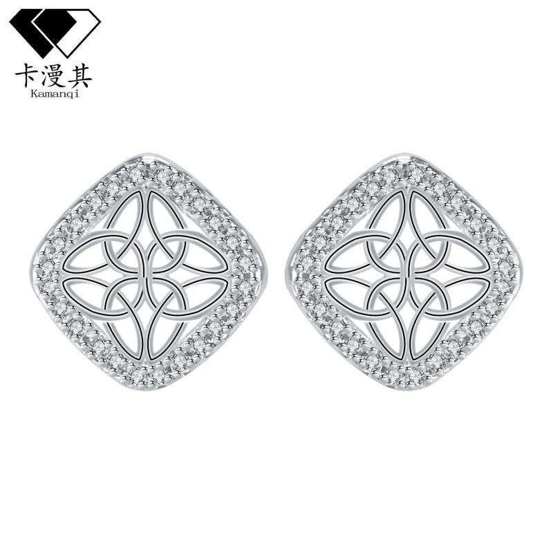 Celtic Stud Earrings Women Plated Copper Fashion OL Style Geometric Square Design Silver