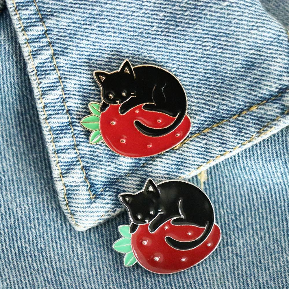 Black Cat Lapel Pin Jewelry Accessories Strawberry Brooches Pin Enamel Pin Cat Brooch Lapel Brooch