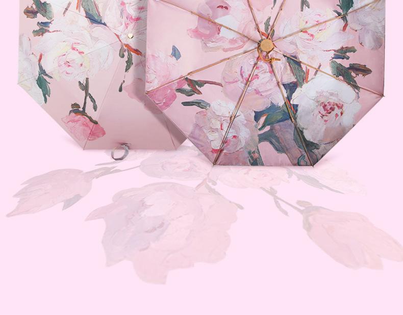 Automatic Black Glue Peony Sun & Rain Umbrella - Double-Layer Anti-UV, Oil Painting Design