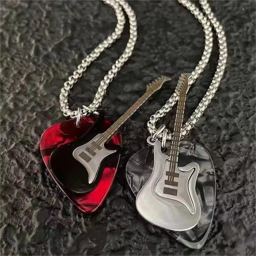 Edelstahl Gitarrenplektrum Anhänger Halskette Hip-Hop Kette Collier Accessoires Für Damen Herren