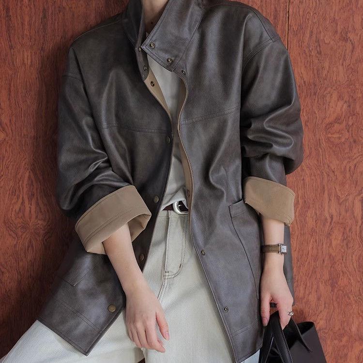 Women's Single-Breasted Reversible Leather Jacket In Coffee - Loose Fit, Casual Top for Early Spring 2025