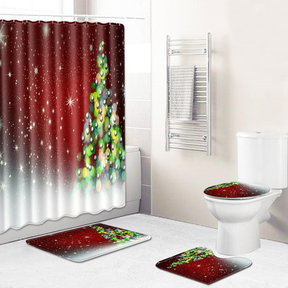Christmas Bathroom Shower Curtain Four-Piece Floor Mat Toilet Non-Slip Door Mat Bedroom Living Room Absorbent Carpet