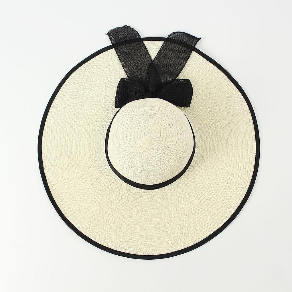 Ribbon Beach Hat Wide Brim Summer Hat Ivory