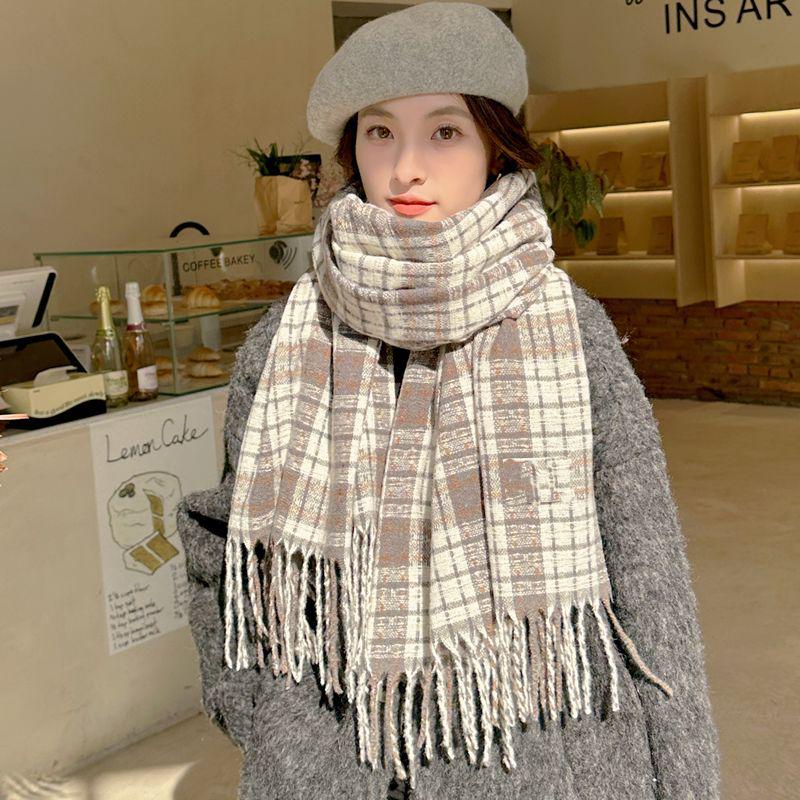 Women's Faux Cashmere Plaid Scarf - Korean Style, Thick & Warm Autumn/Winter Shawl