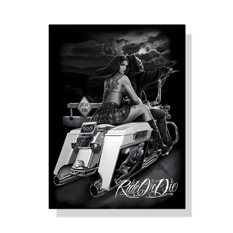 Граффити Татуировка Байкер Чикано Культура Мотоцикл Постер Холст Картина Черно-белое Настенное Искусство Для Гостиной Домашний Декор 30x45cm No Frame