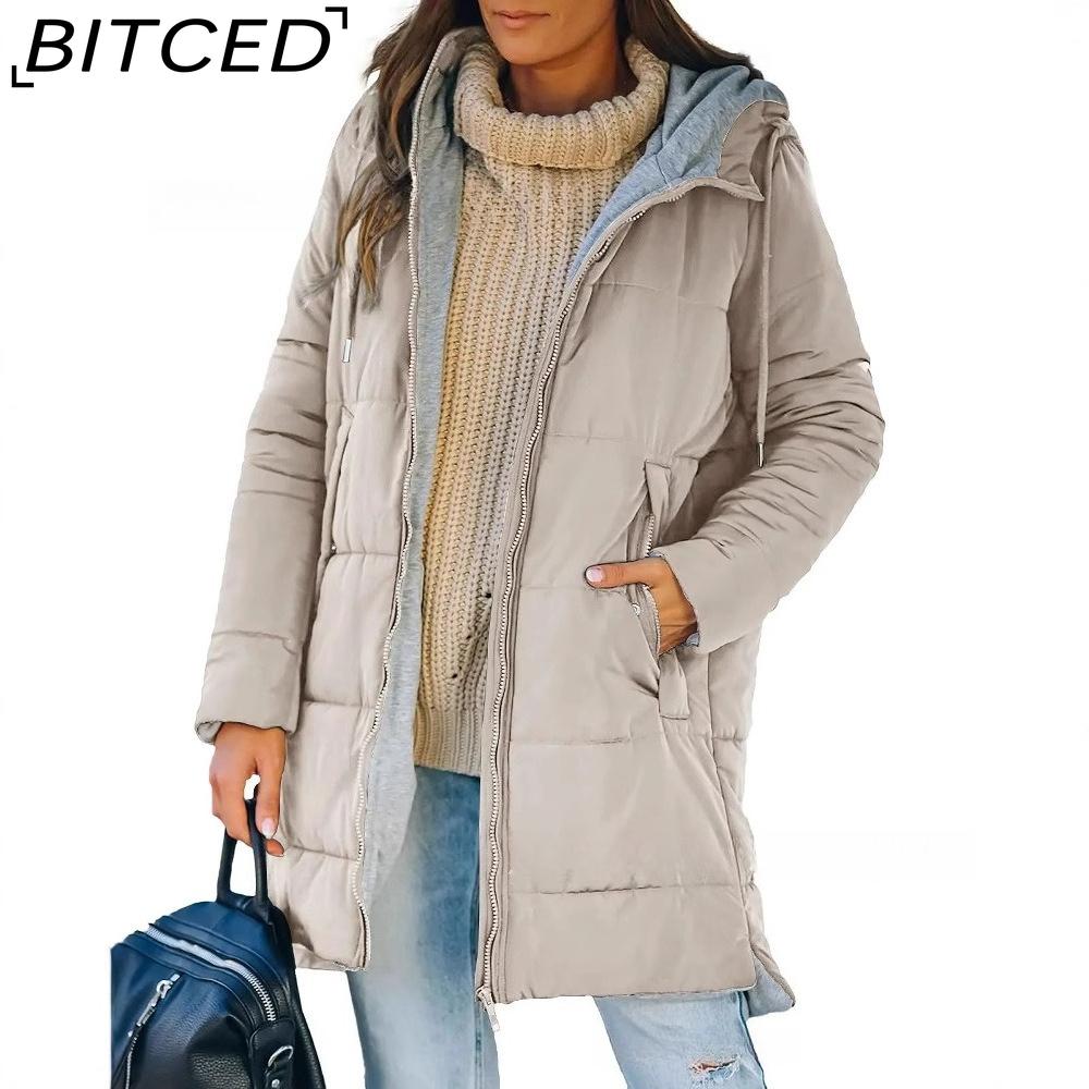 BITCED Autumn/Winter Hooded Solid-Colour Cotton Coat Long-Sleeved Slim-Fit Pocketed Longline Jacket