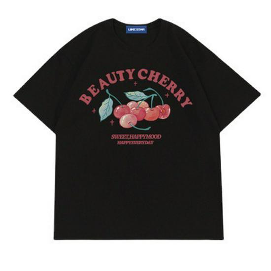 7 Cherries Women's 230g Cotton Short-Sleeve T-Shirt, 2024 Edition - Loose Fit, Soft & Sweet Style