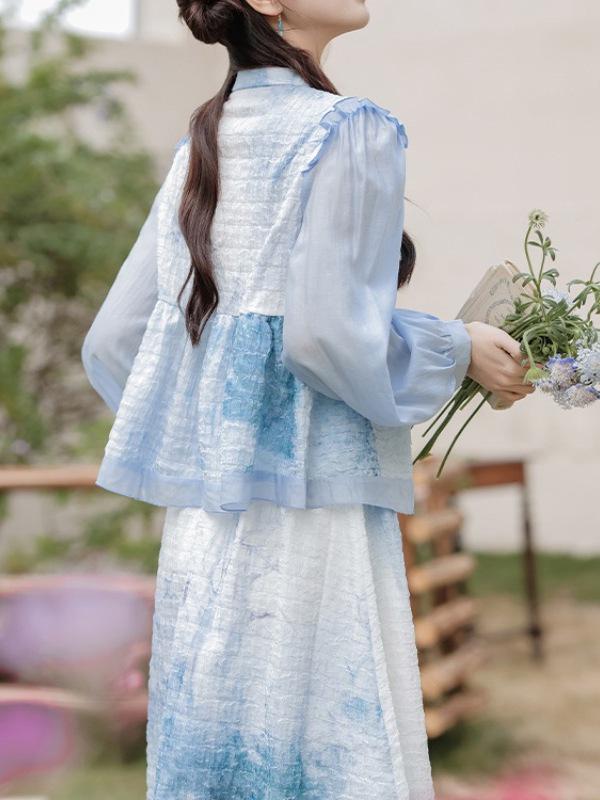 Spring & Autumn New Chinese Moon White/Blue Two-Piece Skirt Set for Women