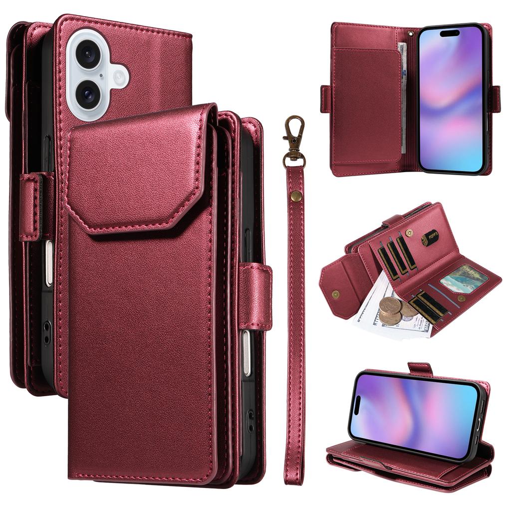 For iPhone 17 Case with Multi-Card Holder and Strap PU Leather Phone Cover Stand
