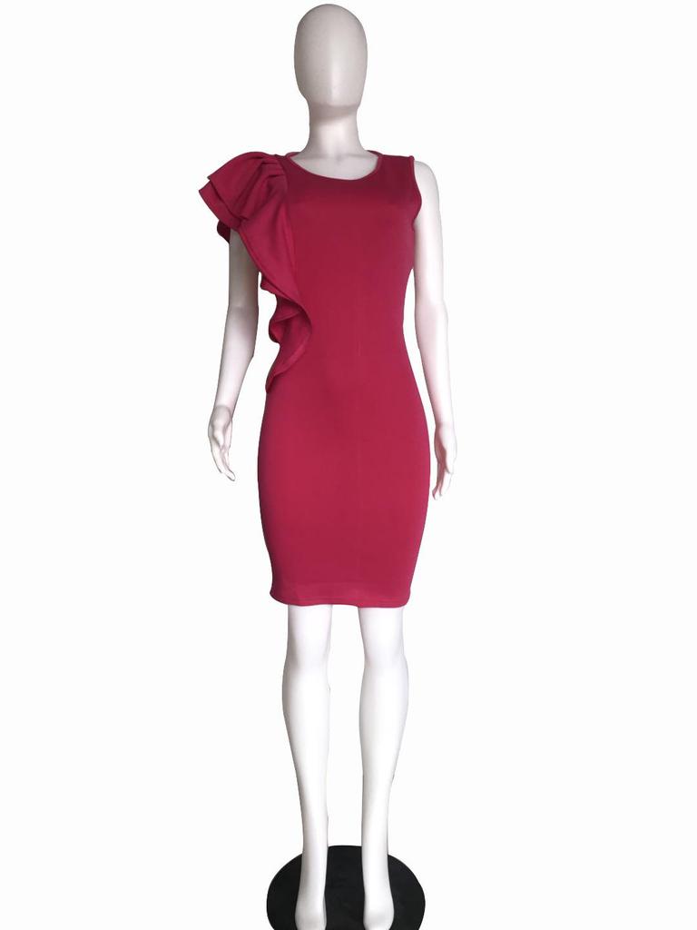 Ruffle Hem Bodycon Pencil Dress, European and American Mid-Length Style, Women's. Belt Not Included.