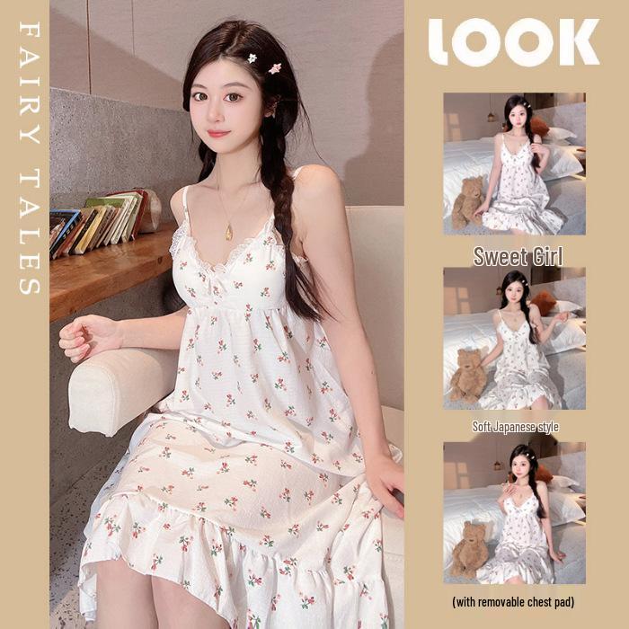 Summer V-Neck Nightdress with Chest Pads - Sexy Bubble Cotton Spaghetti Strap Style: Loose Fit Homewear for Women