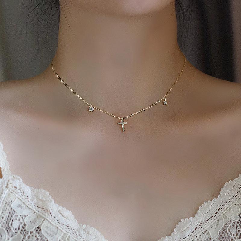 Full Diamond Cross Necklace Female Ins Temperament Light Luxury Star Moon Guardian Collarbone Chain Necklace