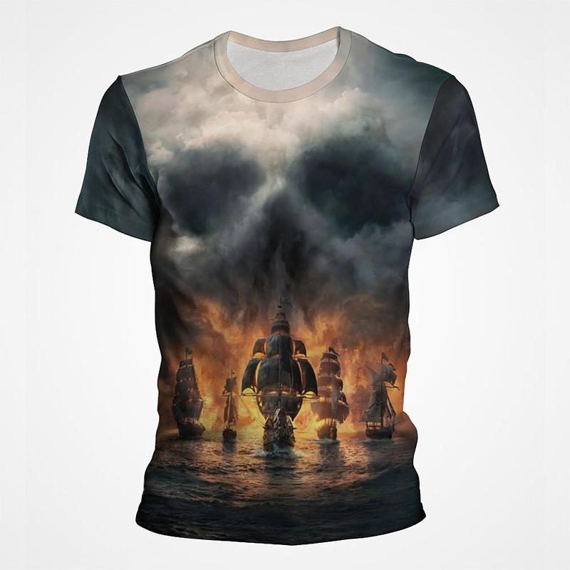 Segelboot Piratenschiff Grafik T-Shirts Herren 3D-Druck Kurzarm Tee Tops Lässig Herren Übergröße Streetwear T-Shirt Ropa Hombre