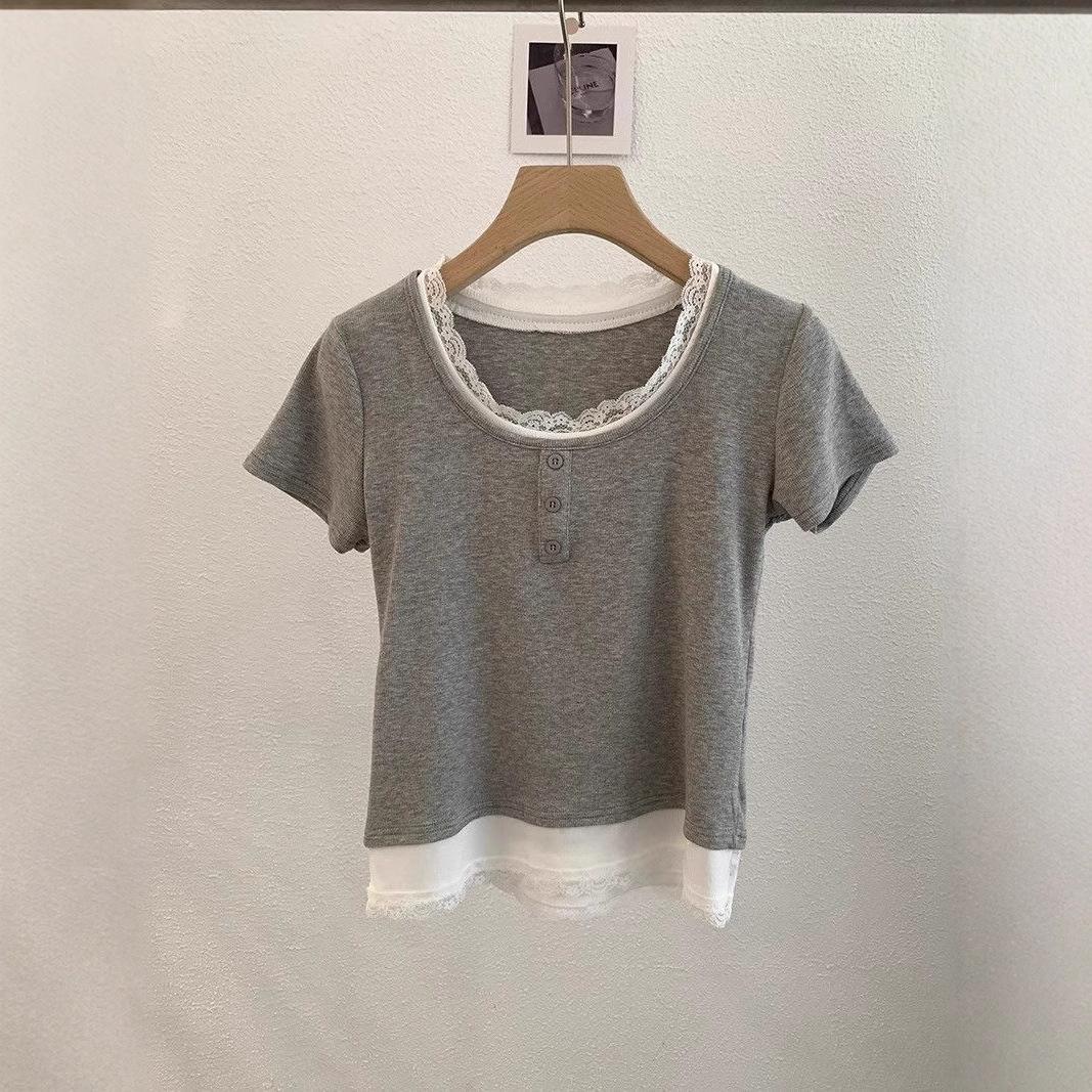 

Summer 2025 Women s U-Neck Lace Trim Spliced Short Sleeve Top Large серый