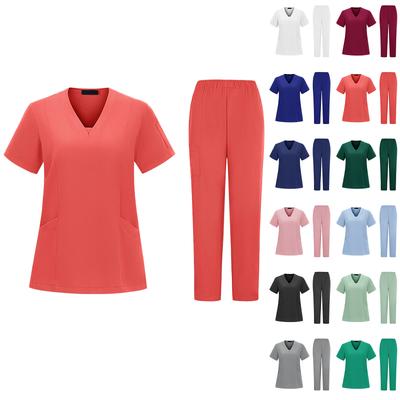 Women's Loose And Comfortable V-neck Short Sleeved Workwear With Multiple Pockets Suit Set