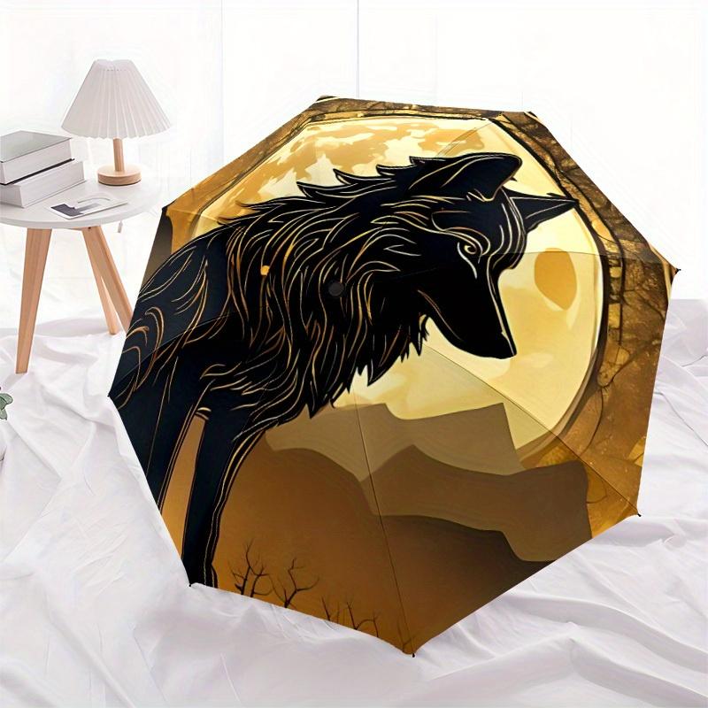 1 Stück Mond Wolf Kompakter Reiseschirm, Automatisches Falten Leichtgewicht Winddicht 8-Rippen Verstärktes Design, Tragbar für Rucksack Langlebiges Dach