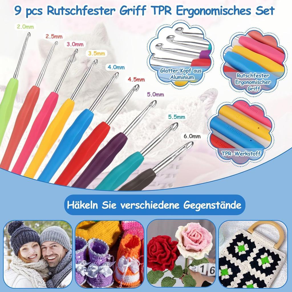 Set Complet de 130 de Piese Croșetat, Kit de Cusut Tricotat Manual 12 Culori, Set Lână Bumbac Lapte