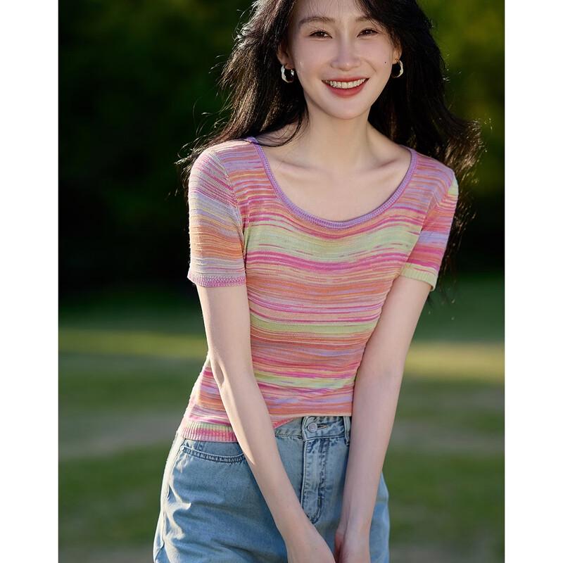 Demana Retro French Style Color-Block Square Neck Knit Top