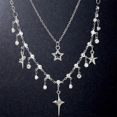 Moderne doppellagige Kreuz-Sterne Zirkon Anhänger Quaste Halskette für Damen Mädchen Schlüsselbein Kette Accessoires Y2K Schmuck Geschenke