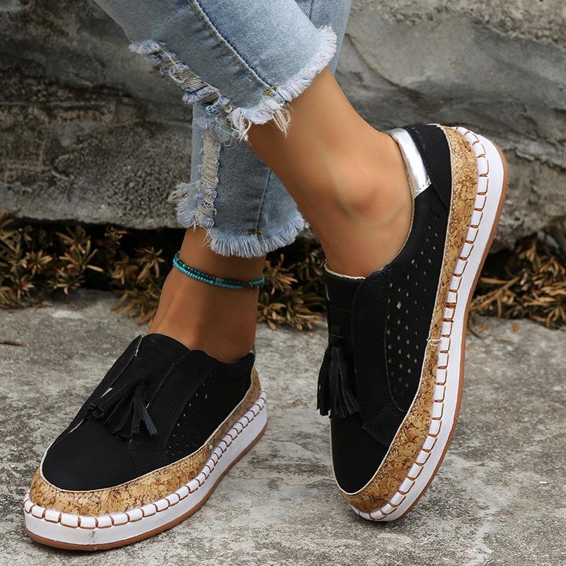 New lace-up breathable one-pedal two-color strip splicing fringed low-top casual single shoes women's shoes