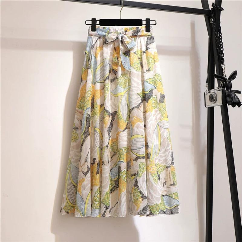 Bohemian Chiffon Half-length Dress for Spring and Summer Mid Length High Waist Fairy Floral Large Swing Skirt Beach Skirt