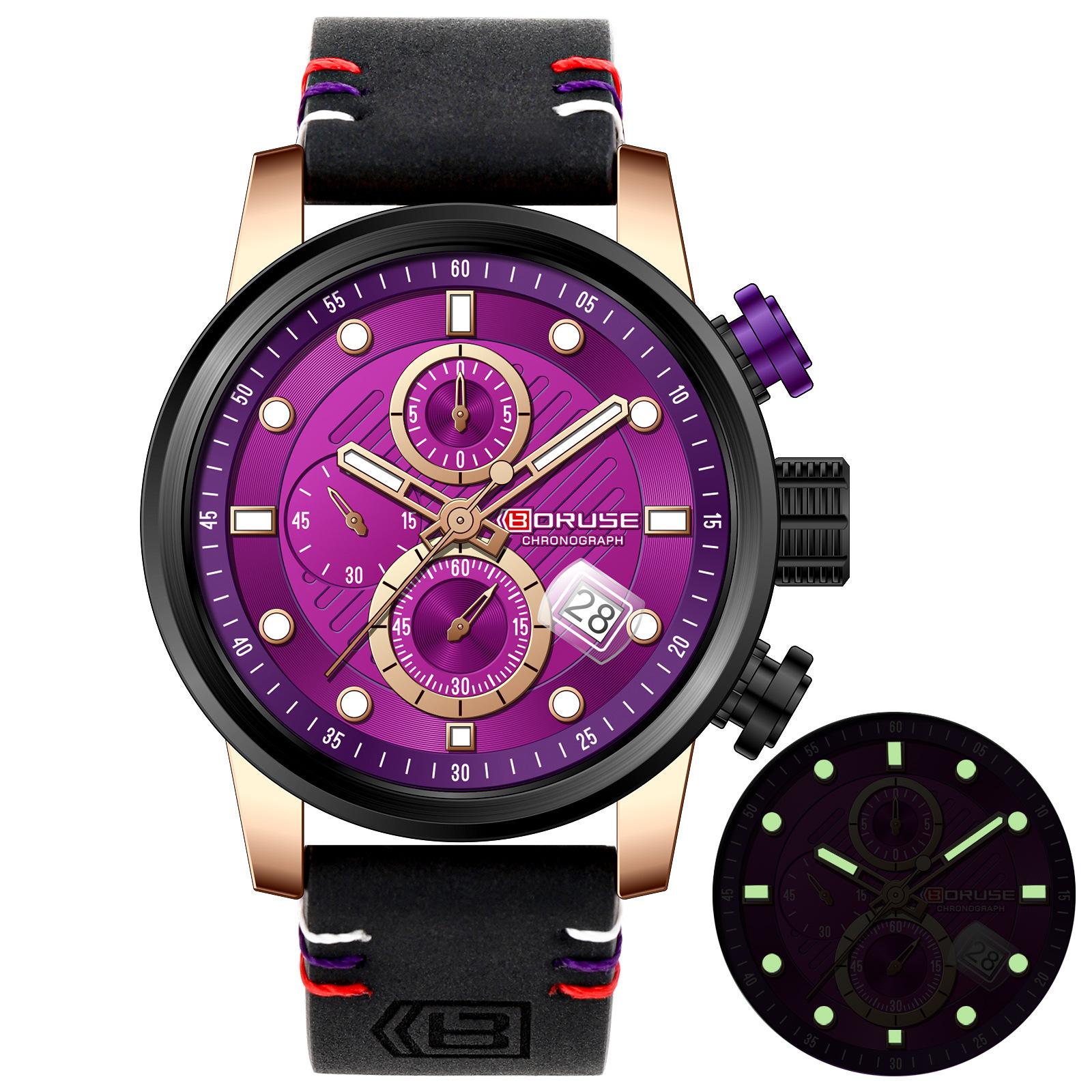 Boruse Waterproof Watch Men S Luminous Leather Quartz Watch Casual Sports Multi-Function Watch