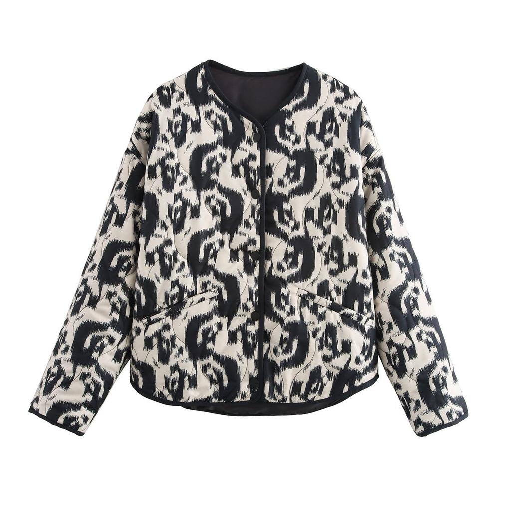 Autumn Retro Women's Fashion Loose Long Sleeve Printed Cotton-Padded Jacket