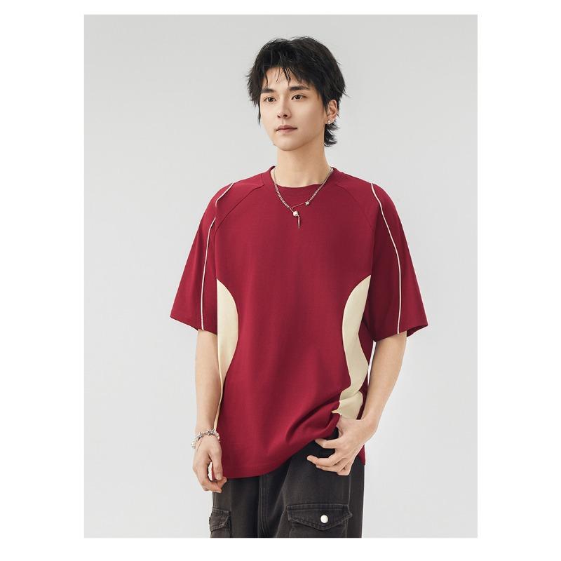 Herren Lockeres Patchwork Kurzarm T-Shirt mit Kontrastfarben Vin